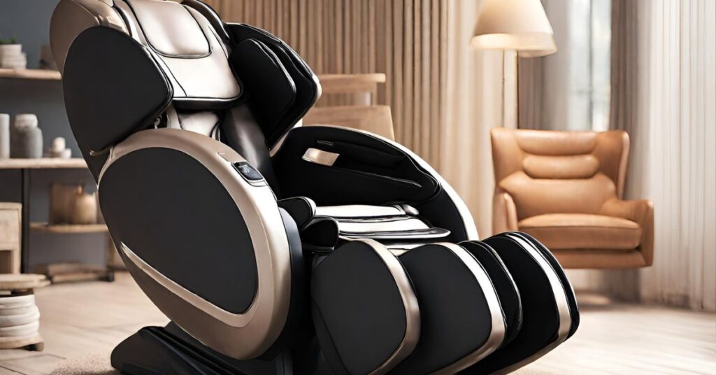 A closeup of a massage chair kept in a serene room