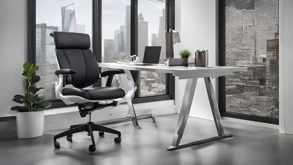 An ergonomic office chair with a table to work in an office