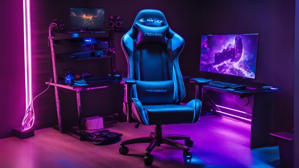 Gaming chair with a gaming pc setup in a room
